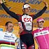 Das Siegerpodest w�hrend der 6. Etappe der Tour of California 2007: Bettini, Haedo, Henderson